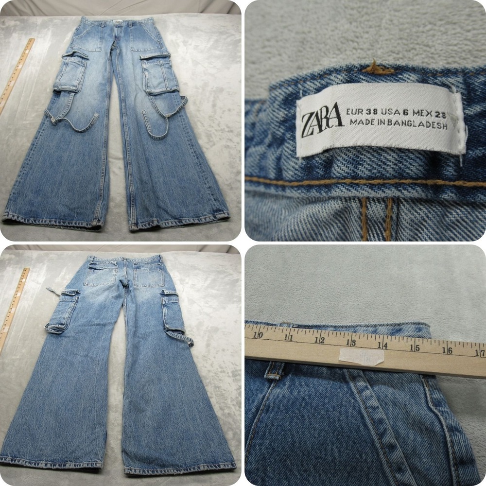 Zara‎ Jeans Womens 6 Light Wash Denim Wide Leg Cargo Pockets Baggy 31x32 VTG